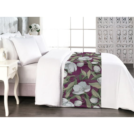 Apple Flowers Bed Runner, Simple Design Modern Leaves Greenery and Floral Boho Pattern, Decorative Accent Bedding Scarf for Hotels Homes & Guest Rooms, King, Dark Magenta Reseda Green, by Ambesonne
