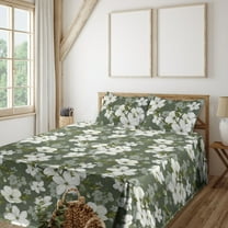 Ambesonne Flowers Fitted & Flat Sheet with Shams 4 Pcs Set, Bohemian Leafy Floral Print, King, Off White and Peacock Green