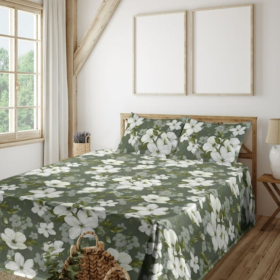 Ambesonne Flowers Fitted & Flat Sheet with Shams 4 Pcs Set, Bohemian Leafy Floral Print, King, Off White and Peacock Green