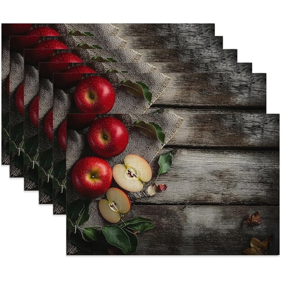 Apple Fruit Cloth Placemats,Rustic Wood Board Heat-Resistant Table Placemats Set of 6, Washable Linen Place Mats for Dining Room Table Decor Home Restaurant Cafes Holiday Party 11.8x17.7 Inch
