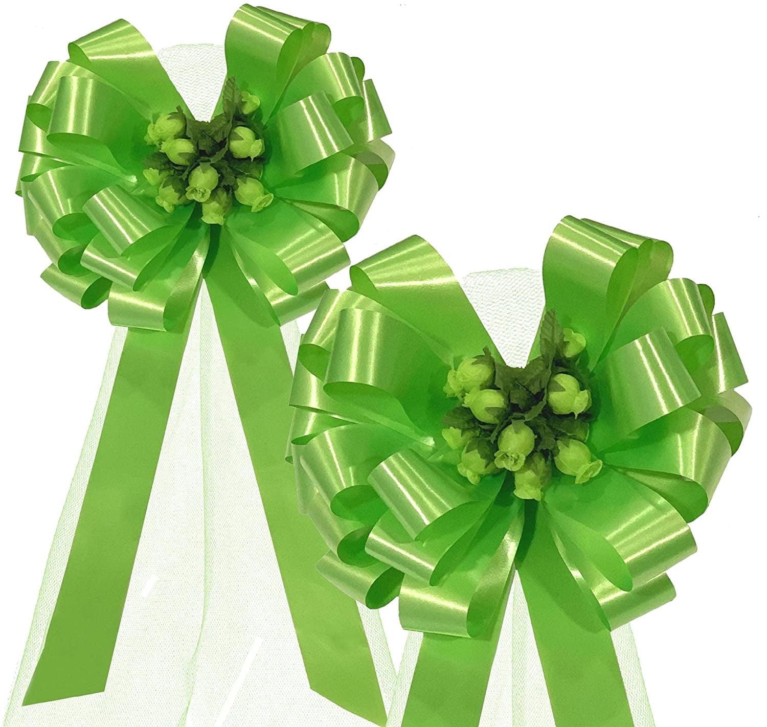 St. Patrick's Day Apple Green Pull Bows with Tulle Tails and Rosebuds - 8" Wide, Set of 6, Easter, , Wedding, Birthday, Party, Christmas