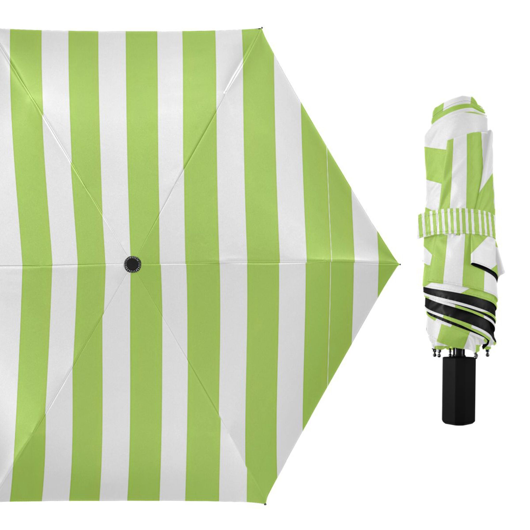 Apple Green and White Stripes Compact Sun Umbrella Windproof Travel Umbrellas for Rain Strong Portable UV Protection