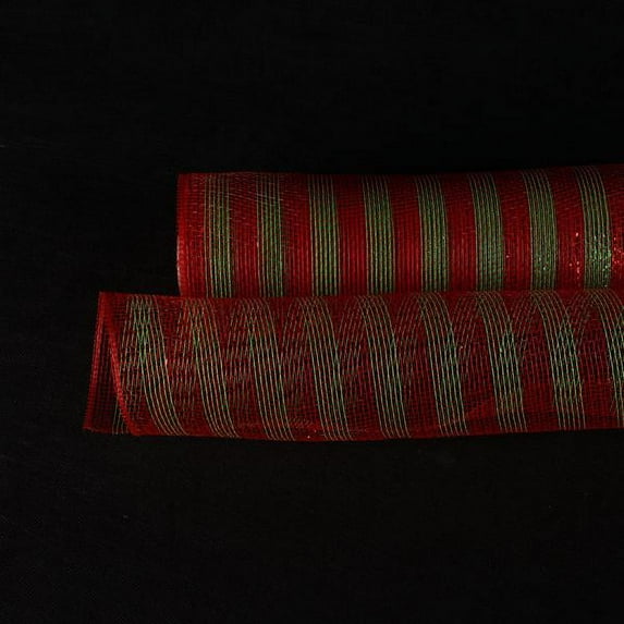 Apple Green with Red Lines - Poly Deco Mesh Wreath Material with Laser Mono Stripe - ( 10 Inch x 10 Yards )