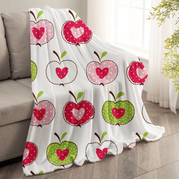 Apple Heart Pattern Flannel Fleece Blanket, Warm Breathable All Season Throw, Adorable Decorative Blanket for Couch Sofa Bed, Perfect Valentine's Gift, 50×60/60×80inch