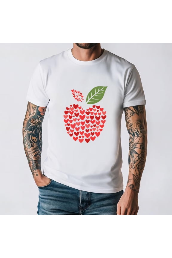 Apple Heart Pattern Fruit Graphic Cute Autumn School Teacher Top Unisex T-Shirt, for men & women, up to size 5XL.