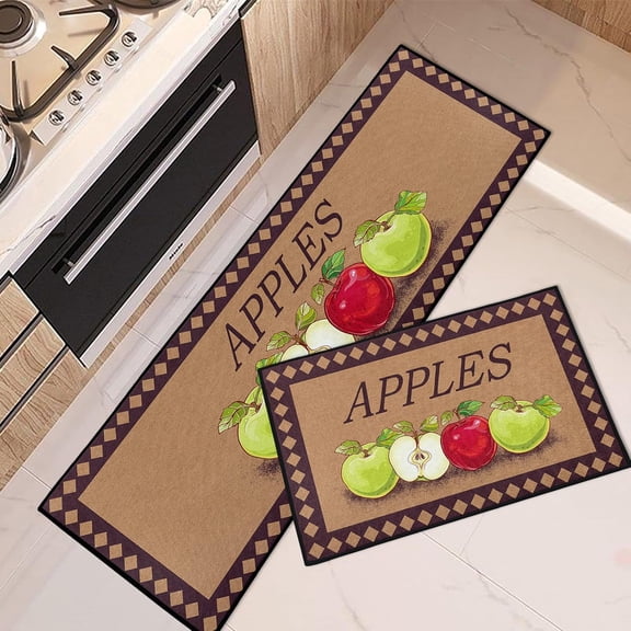 Apple Home Kitchen Rugs and Mats Non Skid Washable Set of 2, Farmhouse Fruits Mats for Floor, Apples Runner Rug, Vintage Kitchen Decor