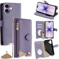 thumbnail image 1 of For Apple IPhone 17 PU Leather Wallet Case Magnetic Flip Cover Multi-Card Slots Zipper Pocket With Hidden Makeup Mirror，Detachable Metal Shoulder Strap,Purple,For iPhone 17, 1 of 7