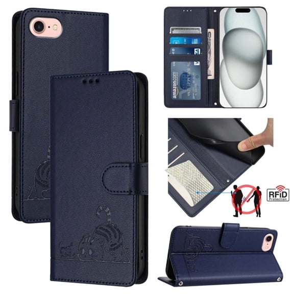 For Apple IPhone 17e 6.1" RFID Blocking Protective Purse Case Cat Embossed Strong Magnetic Attachment/Closure, Card Slots/Pocket, PU Leather Flip Wallet Case With Hanging Rope,Blue,For iPhone 17e