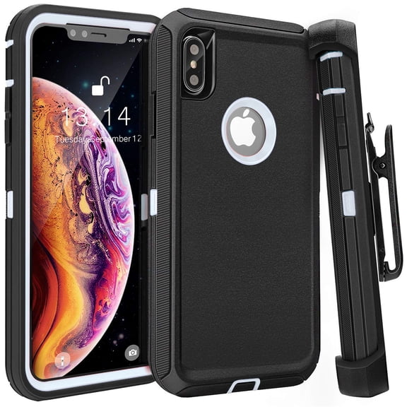 Apple IPhone XS Max Heavy Duty Defender Armor Hybrid Case Cover With Clip Black White