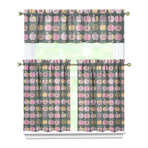 Apple Kitchen Curtains Set Tier and Valance, Red and Green Classic Fruit Print with Cute Kawaii Cartoon Design, Aesthetic Apple Lover Pattern Drapes for Kitchen or Dining Room