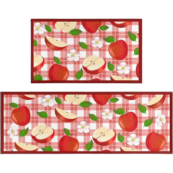 Apple Kitchen Mat Rug Set of 2- Apple Kitchen Rugs with Runner, Apple Kitchen Decor Accessories Things, Buffalo Plaid Kitchen Rug Mat- Red Fruit Rugs for Home Kitchen Large- 17x30 and 17x48 Inch