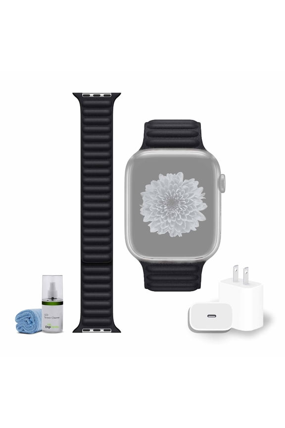 Leather Watch Band - 45mm - Midnight - M/L Bundle with Cleaning Kit and Apple USB-C Charger Block