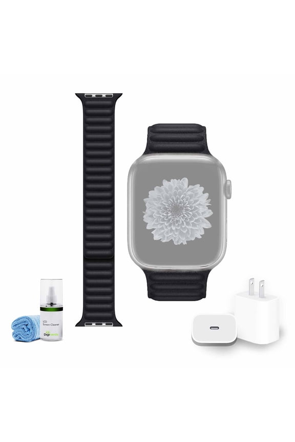 Leather Watch Band - 45mm - Midnight - S/M Bundle with Cleaning Kit and Apple USB-C Charger Block