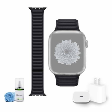 Leather Watch Band - 45mm - Midnight - S/M Bundle with Cleaning Kit and Apple USB-C Charger Block