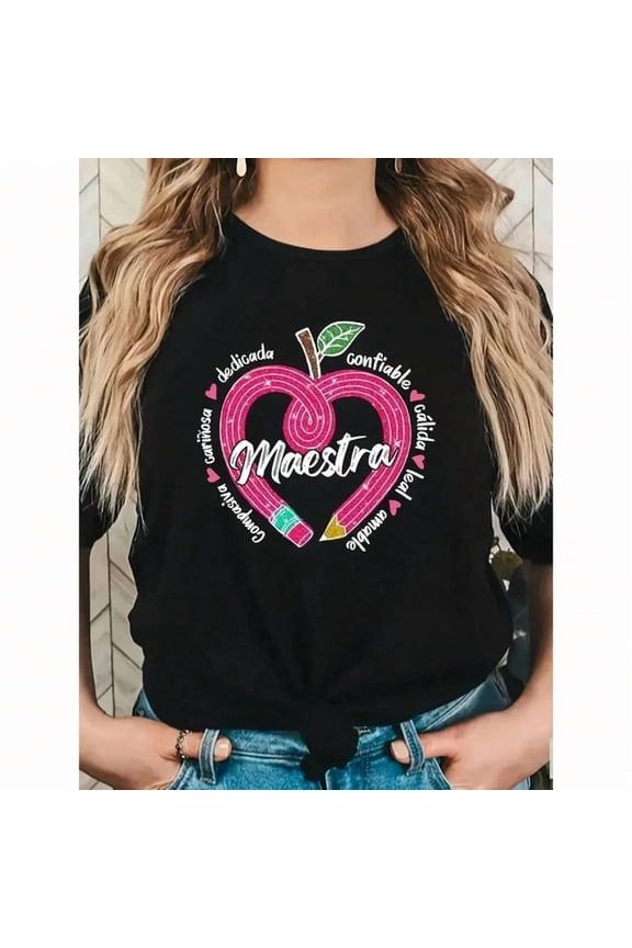 Apple Letter Print Short Sleeve T-Shirt,Suitable All Seasons