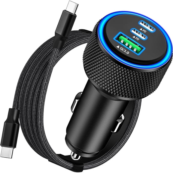 Apple MFi Certified iPhone 17 Car Charger Fast Charging, 3-Port 67W PD/QC Car Power Adapter USB-C Charger Cigarette Lighter + Type-C Braided Cord for iPhone 17/17 Pro/16 Pro/15/Galaxy/Pixel