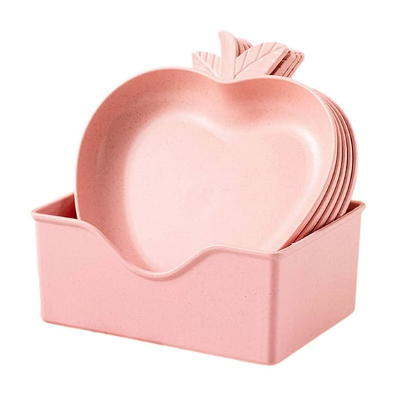 Apple-Model 5pcs Dinner Plates Dinnerware Dishes Set with Holder 6 Inch Food Plate Saucers Tray Fruits Snack Bowls BPA Free (Pink)
