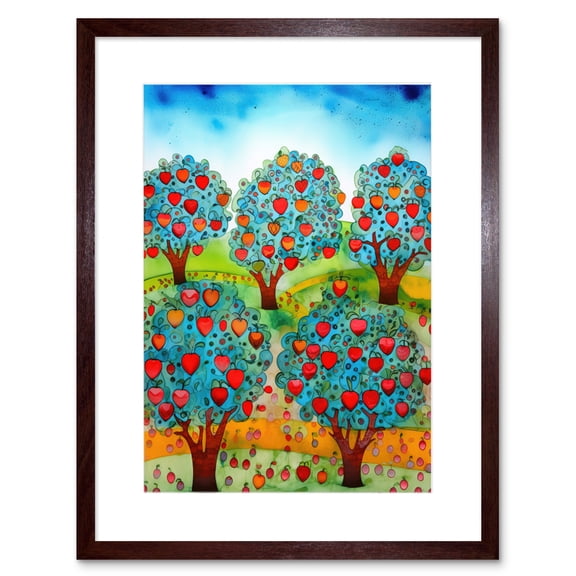 Apple Orchard Trees Ready For Harvest Folk Art Landscape Watercolour Painting Artwork Framed Print Wall Art 9X7 Inch