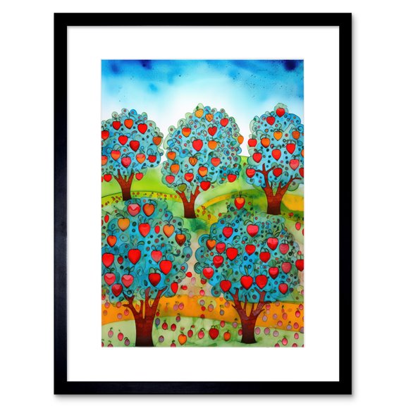 Apple Orchard Trees Ready For Harvest Folk Art Landscape Watercolour Painting Artwork Framed Print Wall Art 9X7 Inch