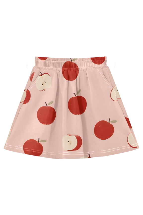 Apple Pattern Cotton Skirt Built-in Liner Elastic A-Line Flared Skirt with Pockets