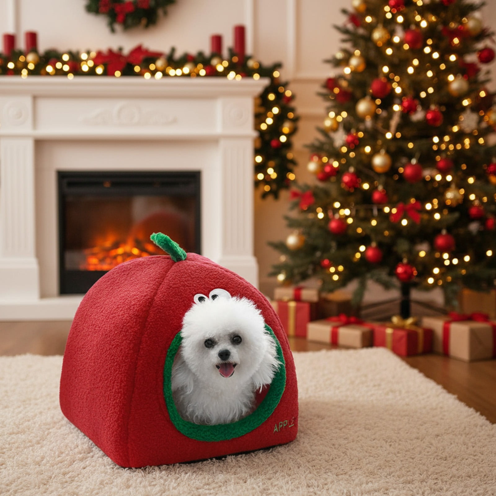 Apple Pet Cave Bed, Enclosed Cat Sleeping House, Add a Playful Resting ...