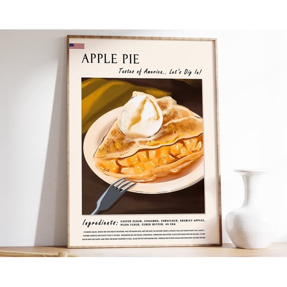 Apple Pie Food Poster, Dessert Poster, Dessert Art, Recipe Poster, Food Art, Usa, Retro Print Wall Art, Modern Wall Decor, 8x12 UNFRAMED