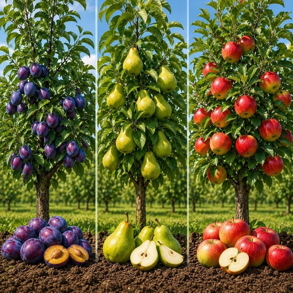 Apple, Plum & Pear Trees (3-Pack) Dwarf Fruit Trees, Easy Grow Backyard Orchard Starter Kit (3 Pack - 1 of Each Tree)
