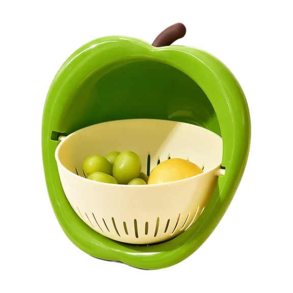 Apple Shaped Fruit Washing Basket Dual-Layer Detachable Colander Plastic Veggie Drainer Strainer Set for Kitchen Countertop, 7.9x7.9x3.5 in
