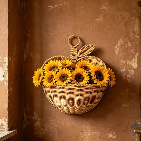 Apple Shaped Plastic Woven Wall Hanging Basket, Imitation Rattan Fruit & Vegetable Storage Organizer for Kitchen, Farmhouse Home Decor, Rustic Bathroom Counter Catchall
