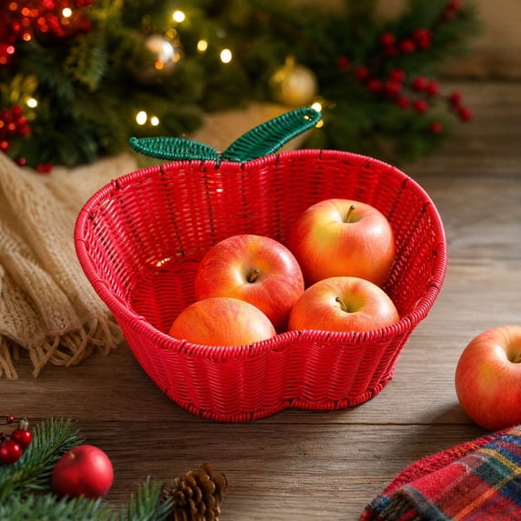 Apple Shaped Storage Basket, Red Plastic Rattan Look Tabletop Organizer ...