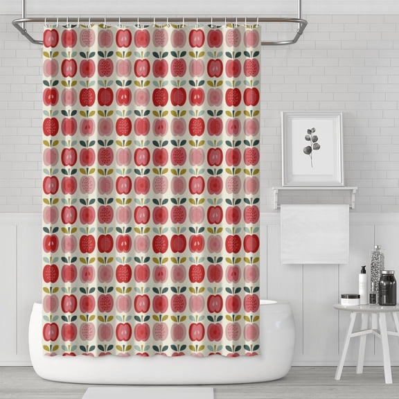 Apple Shower Curtain with Red and Green Classic Fruit Pattern, Cute Kawaii Cartoon Print, Waterproof Fabric Bathroom Shower Curtain with Hooks, Machine Washable, Aesthetic Fun Apple Lover Design