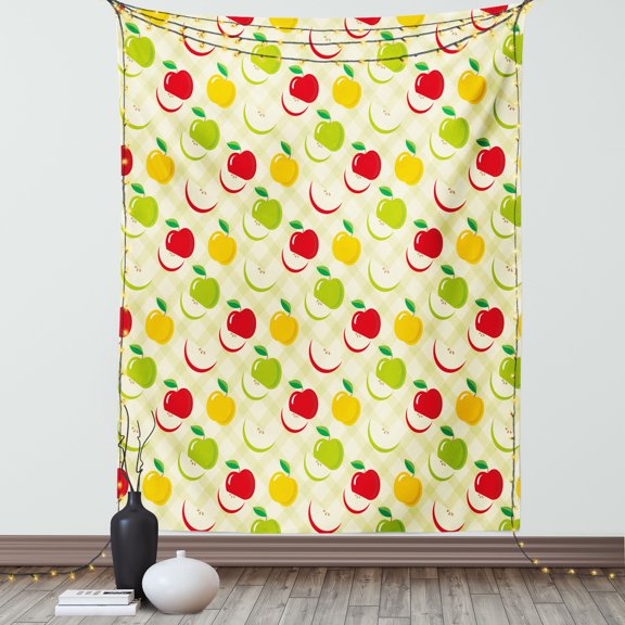 Apple Tapestry, Diagonal Checkered Pattern with Apples and Slices Retro Country Kitchen Theme, Wall Hanging for Bedroom Living Room Dorm Decor, 40W X 60L Inches, Green Red Yellow, by Ambesonne
