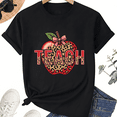 thumbnail image 1 of Apple Teach Teacher T-Shirt for Women, 100% Cotton Crew Neck Short Sleeve Shirt, Leopard Print Classroom Graphic, 1 of 7