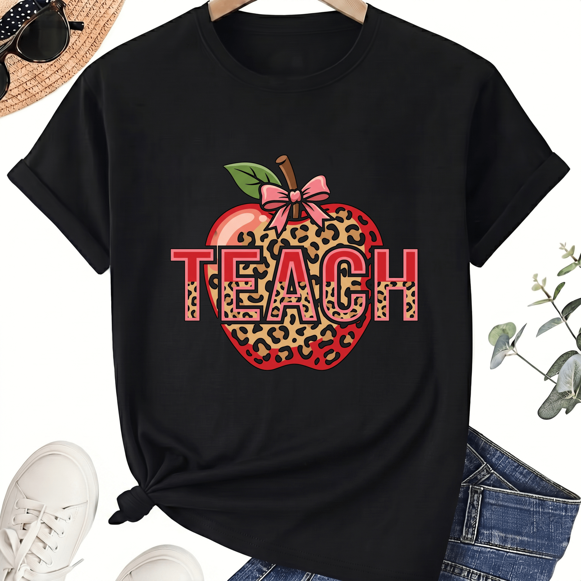 Apple Teach Teacher T-Shirt for Women, 100% Cotton Crew Neck Short Sleeve Shirt, Leopard Print Classroom Graphic