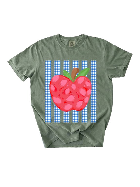 Apple Teacher T-Shirt, Blue Gingham Graphic, Back to School Teacher Tee