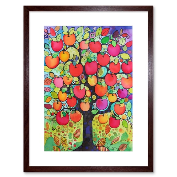 Apple Tree Folk Art Bright Watercolour Painting Artwork Framed Print Wall Art 9X7 Inch