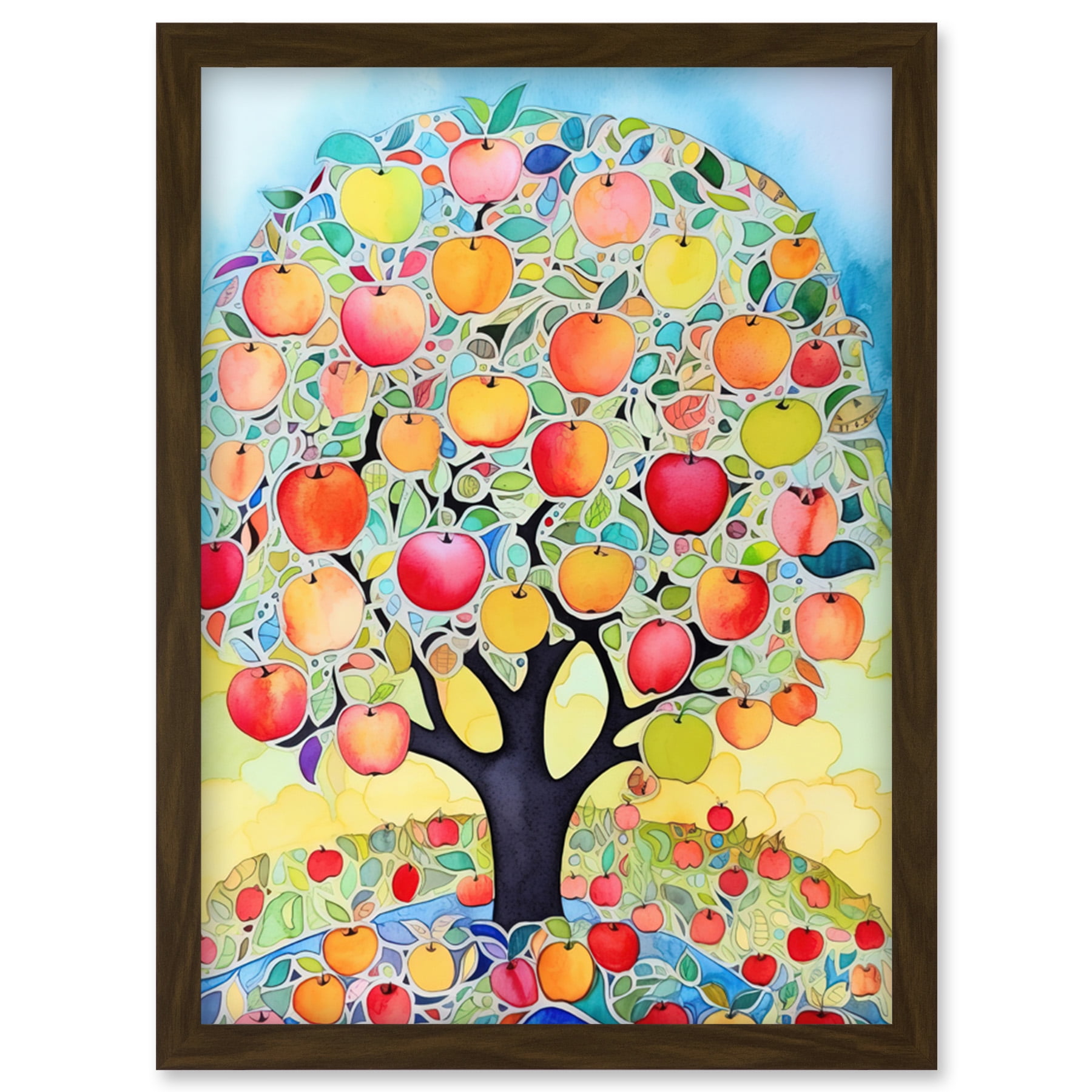 Apple Tree Fruit Harvest Day Folk Art Bright Watercolour Painting
