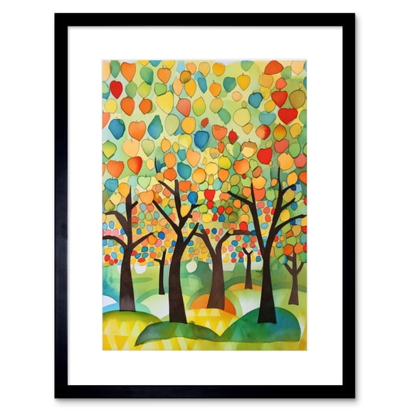 Apple Tree Orchard Abstract Folk Art Landscape Watercolour Painting Artwork Framed Print Wall Art 9X7 Inch