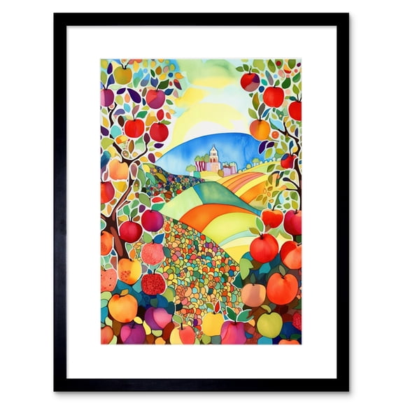 Apple Tree Orchard Fields In Summer Folk Art Landscape Watercolour Painting Artwork Framed Print Wall Art 9X7 Inch