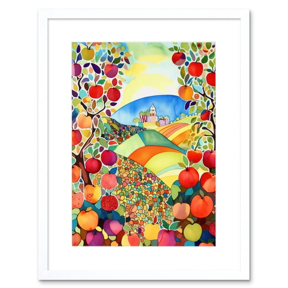Apple Tree Orchard Fields In Summer Folk Art Landscape Watercolour Painting Artwork Framed Print Wall Art 9X7 Inch