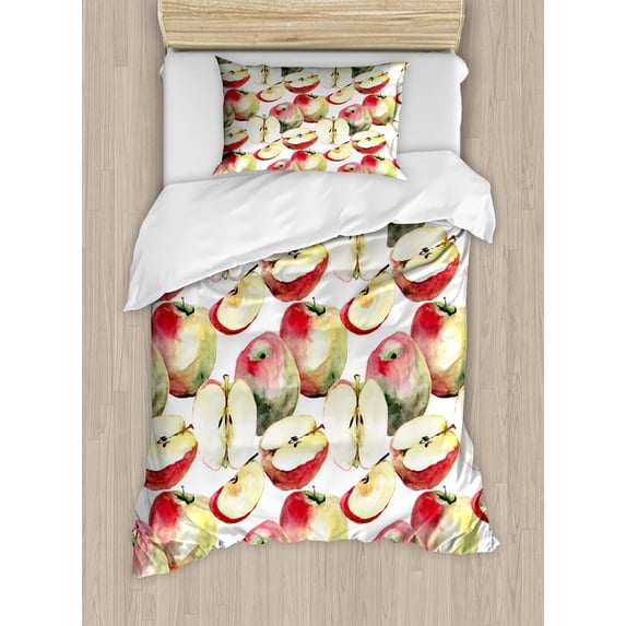 Apple Twin Size Duvet Cover Set, Halved and Quartered Organic McIntosh Apples Gourmet Food Healthy Life, Decorative 2 Piece Bedding Set with 1 Pillow Sham, Ivory Red Reseda Green, by Ambesonne