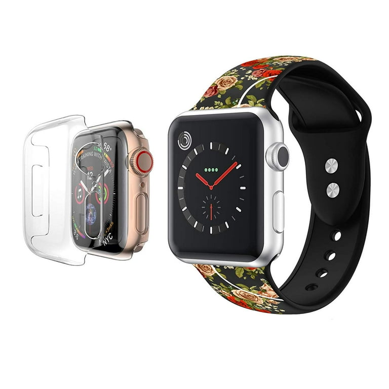 Apple Watch Bands 40mm Soft Silicone Wristband with Full Body Clear Hard Temper Glass Screen Protector for iWatch Apple Watch Series SE 6 5 4 Black Rose Floral Walmart