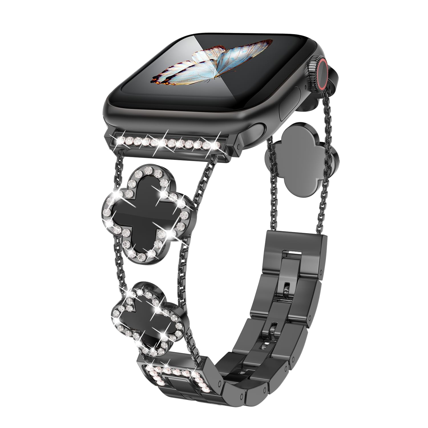 NEW Black Apple Watch Band with Rhinestone Charms Bling Rhinestone Apple Watch Band: Black Studded Double Wrap  main image 2