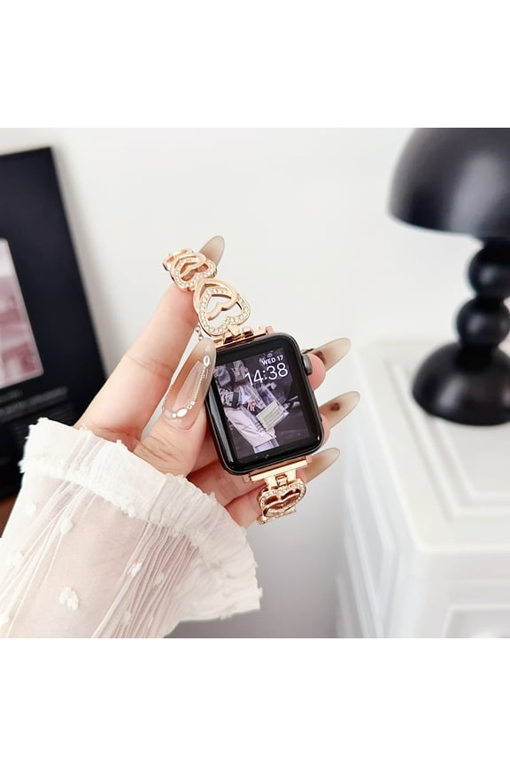 for Apple Watch Bands 49mm 45mm 44mm 42mm for Women Girls iWatch Band Series SE 9 8 7 6 5 4 3 2 1, Glitter Bling Diamond Heart Shape Bracelet Strap Metal Dressy Chain for iWatch Ultra 2/1, Rosegold