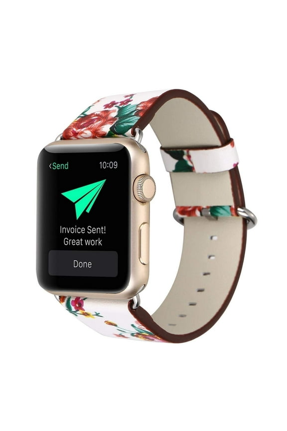Apple Watch Bracelet, Floral Printed Leather Watch Band 38/40/41mm Strap for Apple Watch Flower Design Wrist Watch Bracelet (White+Red Rose)