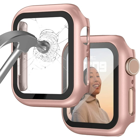 Apple Watch Case for Apple Watch Series 8 Series 7 45mm with Built-in Tempered Glass Screen Protector, All-Around Ultra-Thin Bumper Full Cover Hard PC Protective Case for iWatch, Rosegold