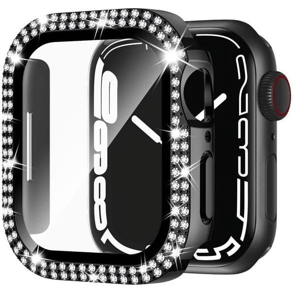 Apple Watch Case Series 8, Series 7 for 41mm Diamond Glitter Watch Case Built-in Tempered Glass Screen Protector, Women Bling Case Full Coverage Cover for Apple Watch Series 8 and Series 7, Black 41mm