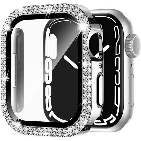 Apple Watch Case Series 8, Series 7 for 45mm Diamond Glitter Watch Case Built-in Tempered Glass Protector, Women Bling Case Full Coverage Cover for Apple Watch Series 8 and Series 7, Silver 45mm