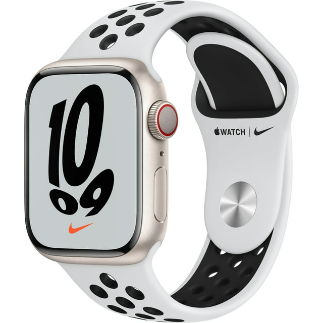 Apple Watch Nike Series 7 GPS + Cellular, 41mm Starlight Aluminum Case with Pure Platinum/Black Nike Sport Band - Regular