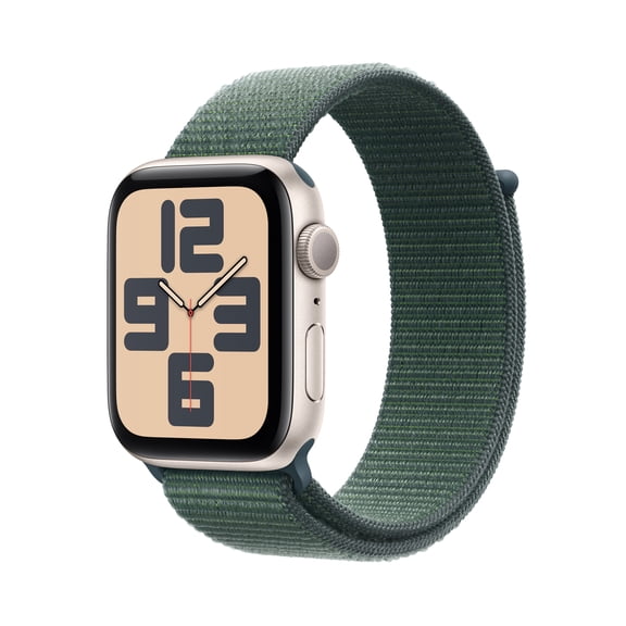 Open Box Apple Watch SE (2nd Gen) [GPS 44mm] Smartwatch with Starlight Aluminum Case with Lake Green Sport Loop